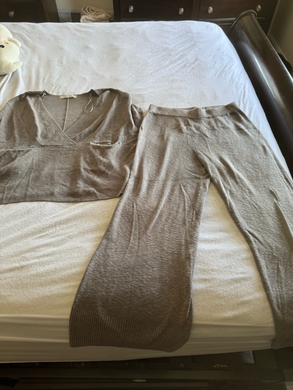 Free People Taupe Knit Wide-Leg Pants & V-Neck Top Set